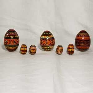 Vintage Ukrainian Polish Wooden Eggs Hand Painted (Set of 7) Easter Spring Decor